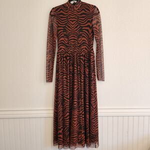 Free Press Womens Med Tiger Print Mock Neck Maxi Dress Orange Black Sheer Sleeve